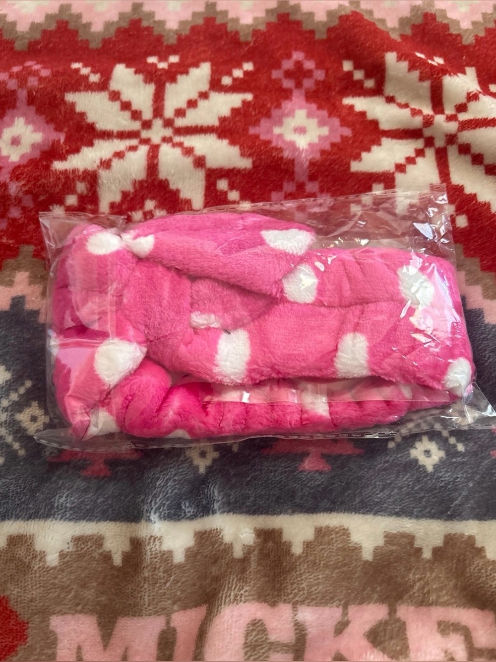 Pink polka dot plush headband for spa or makeup